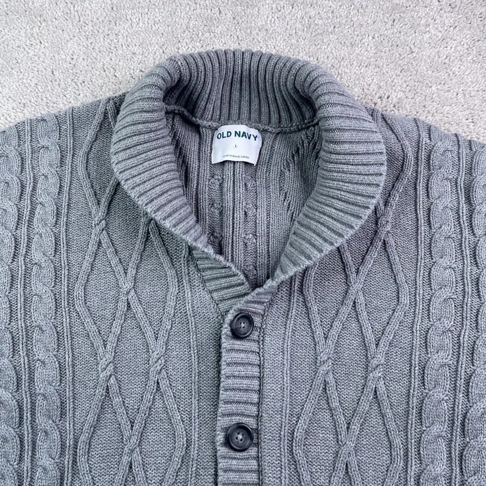 Old Navy Sweater Mens Large Gray Shawl Collar Cable Knit Button Up Cardigan Cozy
